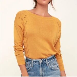 Lulus Womens Pointelle Me More Mustard Yellow Knit Sweater Size M